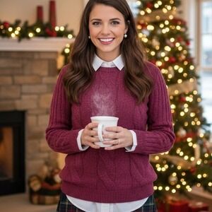 CJ Banks‎ Medium $79 Burgundy Heather Cable Knit Cotton Blend Pullover Sweater